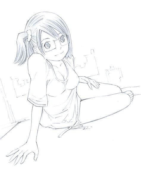 Yoshitomi Akihito Original 1girl Breasts Cleavage Glasses Hand On