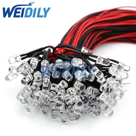 10 Pcs Set 12v 10mm Pre Wired Constant Led Ultra Bright Water Clear Bulb Cable 20cm Prewired Led