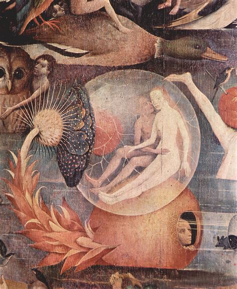 Aus den wassermassen erhebt sich frisch zerklüftetes land, dessen felsen und wiesen mit allerlei bäumen bewachsen sind. Großbild: Hieronymus Bosch: Der Garten der Lüste ...