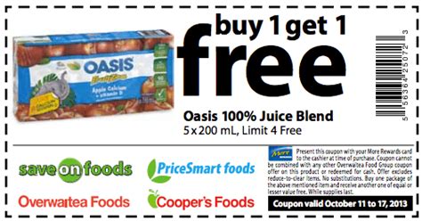 More Rewards Members Coupons: Buy 1, Get 1 FREE, Oasis Juice (5 x 200 ...