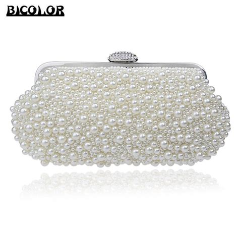 Bicolor Luxury Two Sided Crystal Pearl White Evening Clutch Bag Womens