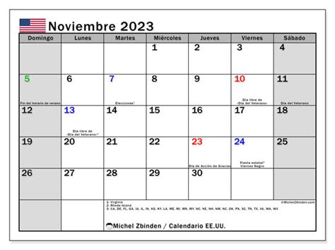 Calendrier Novembre 2023 États Unis Es Michel Zbinden Fr