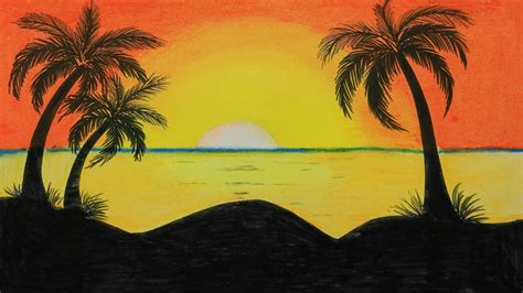 How To Draw A Scenery Of Sunset Step By Step With Oil Pastel Youtube