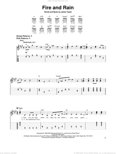 Taylor Fire And Rain Sheet Music Easy For Guitar Solo Chords