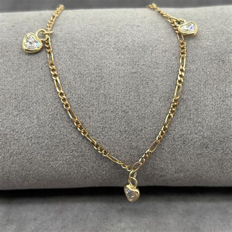 Italian 9ct Gold 31 Figaro Link Anklet With Cz Hearts 275cm 24g