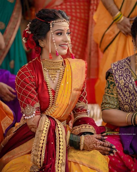 Marathi Bride In Red And Yellow Saree On Haldi Indian Bride Makeup