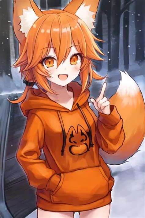 1girl Chibi Fox Ears Happy Face Fox Tail Orange