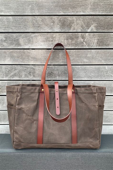 Womens Large Bag Waxed Canvas Tote Bag Leather Shoulder Etsy Waxed
