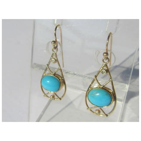 Oval Turquoise Gold Dangle Drop Earrings Gemstone Fine Jewels Ruby Lane