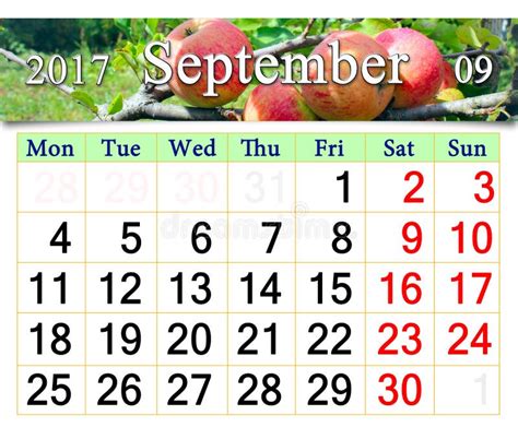 Calendar For September 2017 Year With Apples On The Branch Stock