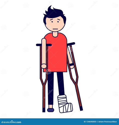 Traumatology A Boy With A Broken Leg On Crutches Isolated On White