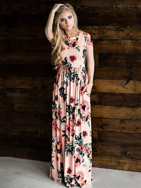 Womens Maxi Dresses Floral Print Short Sleeve Summer Long