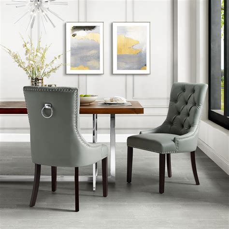 Inspired Home Faith Leather Pu Dining Chair Set Of 2 Tufted Ring Handle Chrome Nailhead Finish