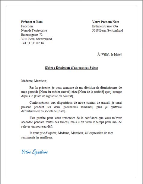 Lettre De Résiliation Dun Contrat De Travail Suisse Docutexte