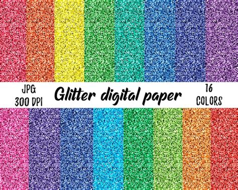 Glitter Digital Paper 16 Rainbow Colors Glitter Paper Pack Etsy