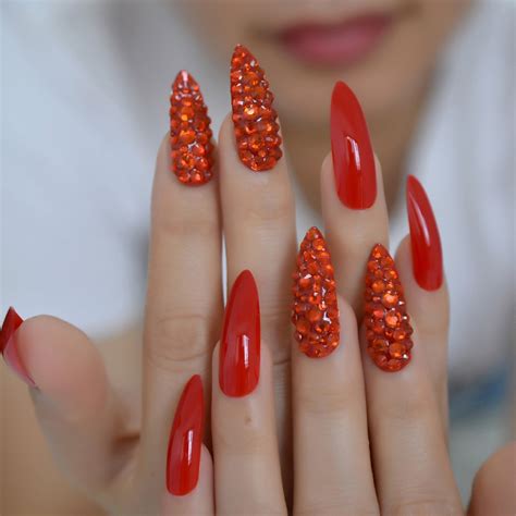 Chinese Red Luxury Fake Nails Full Cover Rhinestones Gorgeous Stiletto
