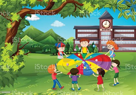 Children Playing In The School Yard Stock Illustration Download Image