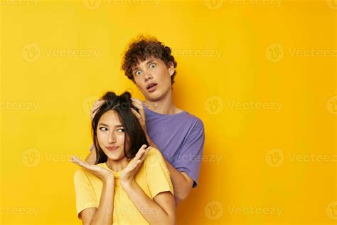 Cute Young Couple Friendship Posing Fun Studio Lifestyle Unaltered
