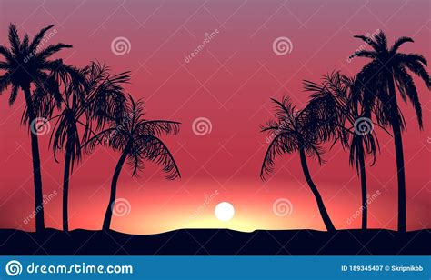 Red Sunset And Silhouettes Of Palm Alley Evening Tropical Beach On