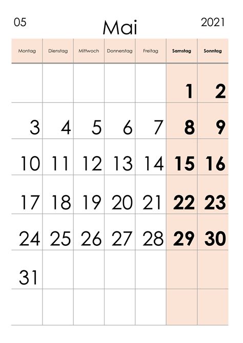 Kalender Mai 2021 Grosse Ziffern Im Hochformat Kalendersu