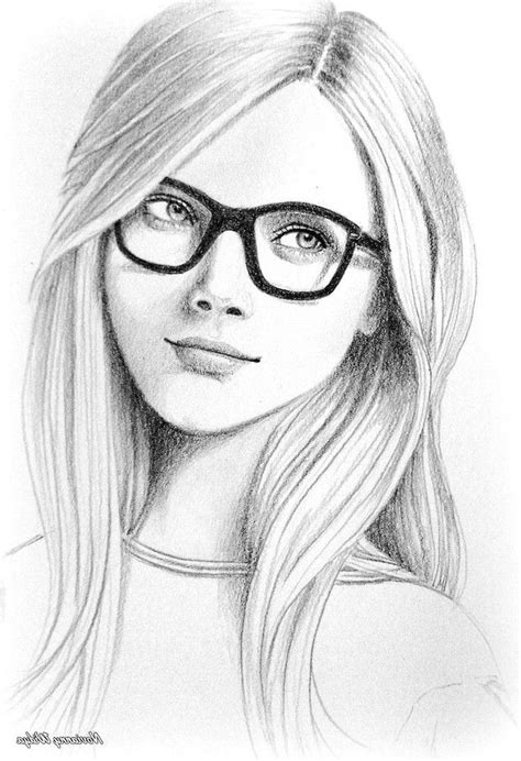 Girl With Glasses Long Hair Black And White Pencil Sketch Easy