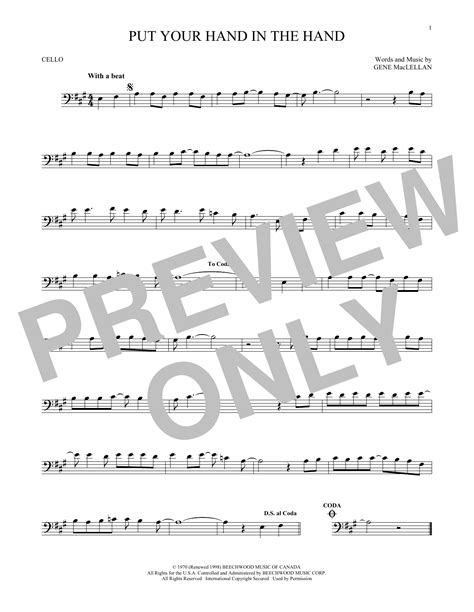 Put Your Hand In The Hand Sheet Music Ocean Cello Solo