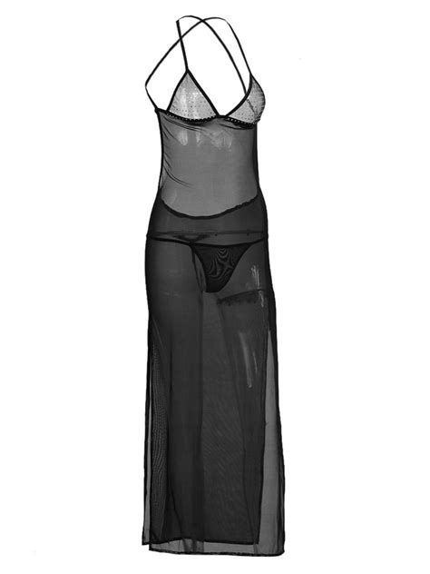 black sexy gown set 2 piece split straps slip dresses with panties for women