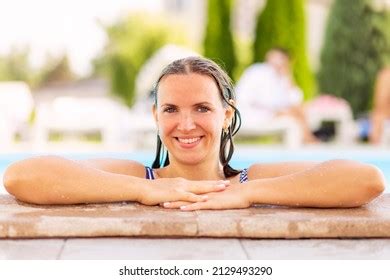Portrait Relaxed Attractive Tanned Woman Lean Stock Photo