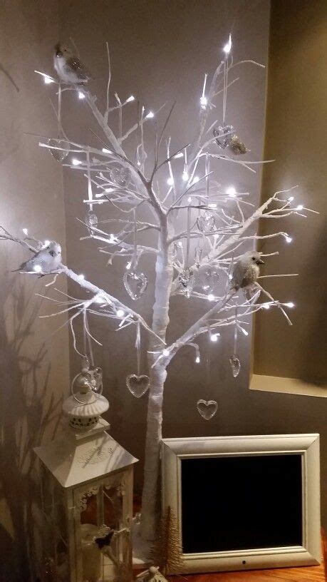 Beautiful White Stick Christmas Tree With Glass Engraved Hearts And