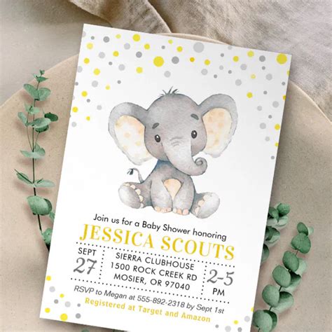 Yellow Gray Neutral Polka Dot Elephant Baby Shower Invitation Zazzle