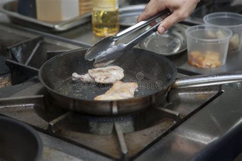 Hands Cook Fry In A Frying Pan Chicken Stock Image Image Of