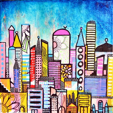 City Cityscape Robin Mead Colorful City Landscape Watercolor Skyscraper