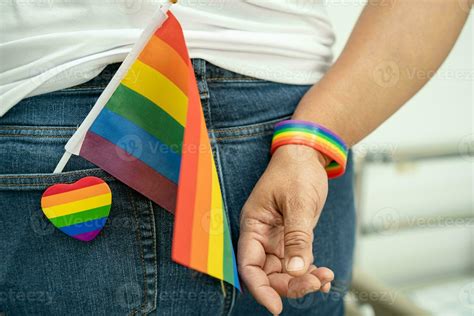 Woman Holding Lgbt Rainbow Colorful Flag Symbol Of Lesbian Gay Bisexual Transgender Human