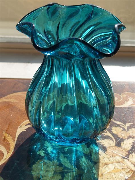 Blue Art Glass Vase Blue Flower Vase Teal Glass Vase Hand Etsy