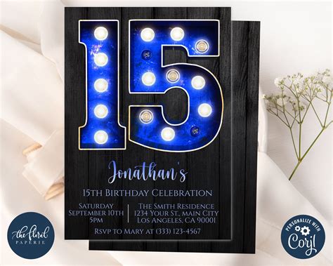 15th Birthday Invitation Template Editable 15th Birthday Blue Etsy