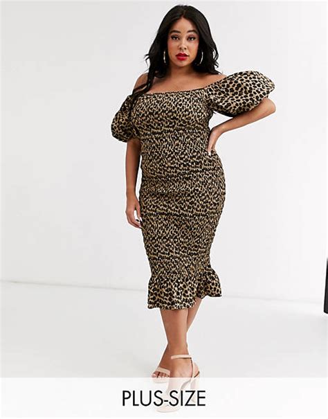 Never Fully Dressed Plus Off Shoulder Blouson Sleeve Shirred Midi Dress In Leopard Print Asos