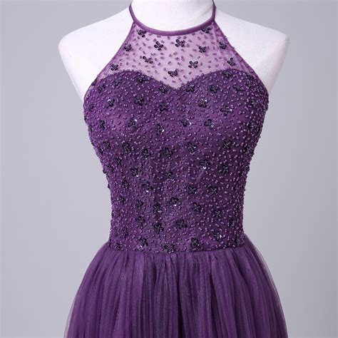 Purple Halterneck Short Homecoming Dress With Beaded Embellishment On