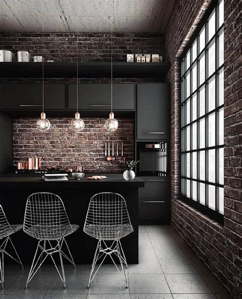 Amazing Black Kitchen With Brick Wall 🖤 What Do You Think About This