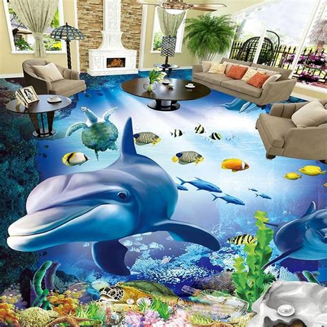 Underwater World With Dolphins Self Adhesive Floor Mural Custom Sizes
