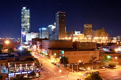 Oklahoma City Skyline From Bricktown At Night Greater Oklahoma City