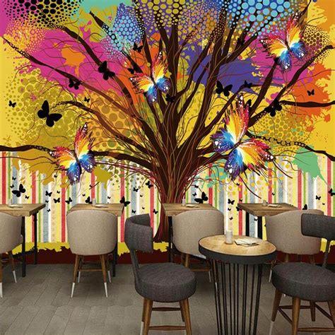 Photo Wallpaper Colorful Hand Painted Tree Butterfly Mural