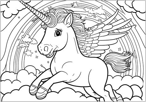 Unicorn In The Sky With A Rainbow Unicorns Kids Coloring Pages