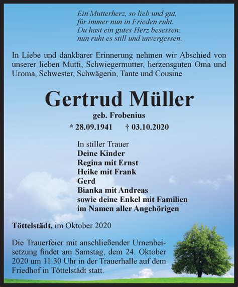 Traueranzeigen von Gertrud Müller trauer in thueringen de