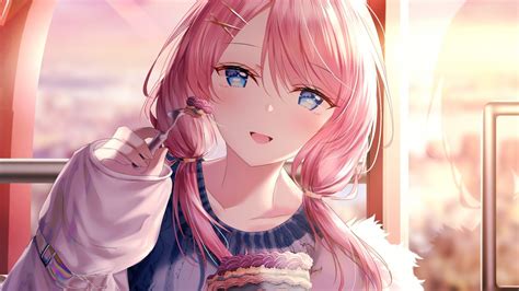 Download Cute Anime Girl Beautiful Eating Cake 1280x720 Wallpaper