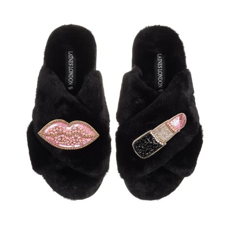 Classic Laines Slippers With Pink And Gold Pucker Up Brooches Black Laines London Wolf And Badger