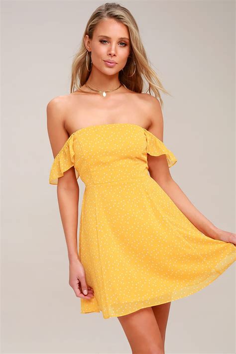 Dots Of You Yellow Polka Dot Off The Shoulder Skater Dress Womens