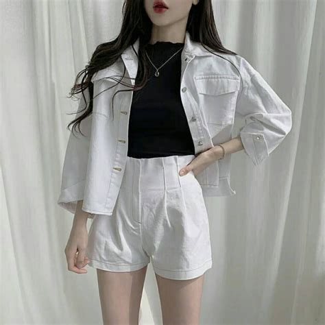 spring outfit korean fashion white matching set denim shorts and jacket korean outfit street