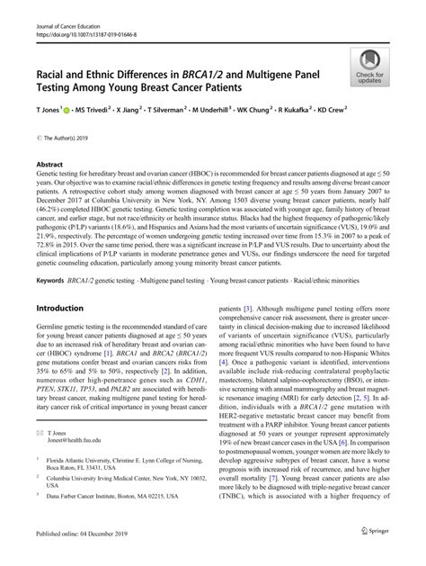 Pdf Racial And Ethnic Differences In Brca12 And Multigene Panel Testing Among Young Breast