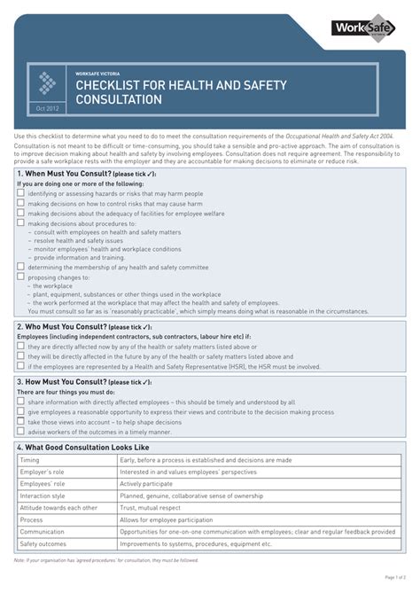 Checklist For Health And Safety Consultation