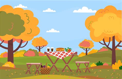 Autumn Picnic Rest In Forest Park On Open Air Picnic Outside Table Chairs Picnic Basket